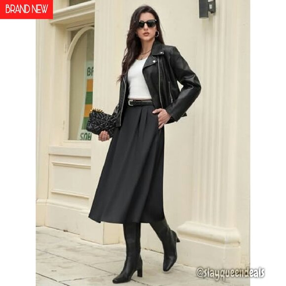 High Waisted Midi Skirt A-Line Pleated Work Skirt with Pockets - Picture 6 of 8